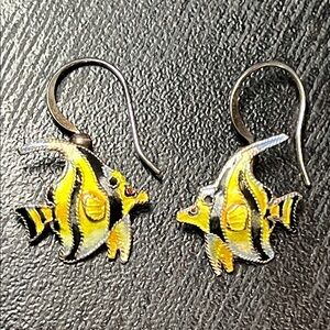 Vintage Sterling Silver Enamel Yellow Black Striped Angel Fish Dangle Earrings